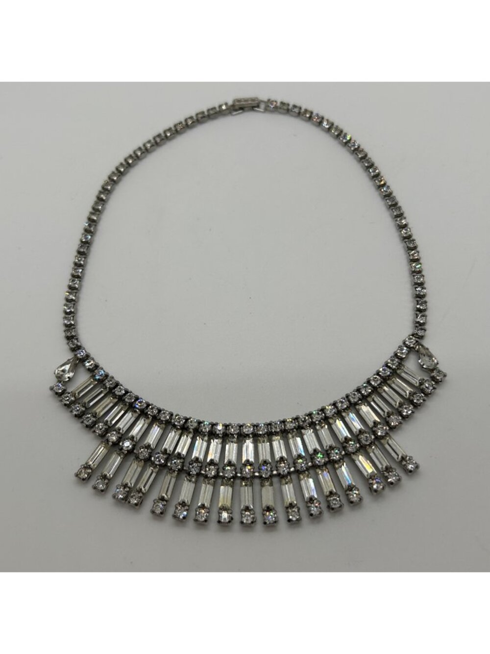 Vintage Clear Rhinestone Choker Necklace Waterfall Baguette Statement  Wedding